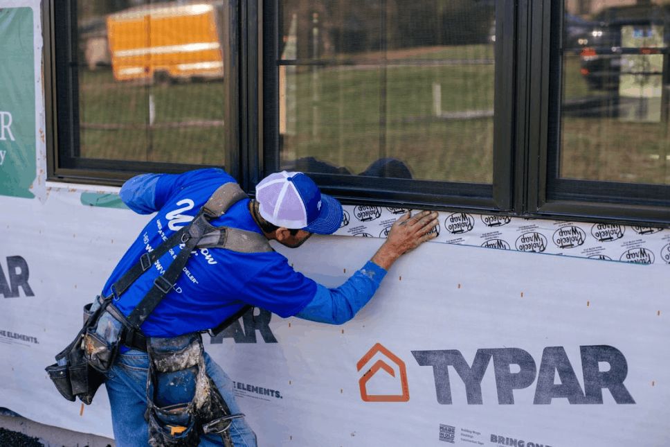 A Window World installation worker preparing siding for a home.