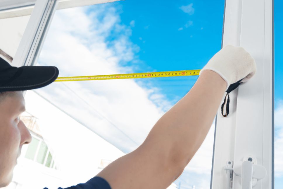 Man holding a tape measure up to the pane of a casement window.